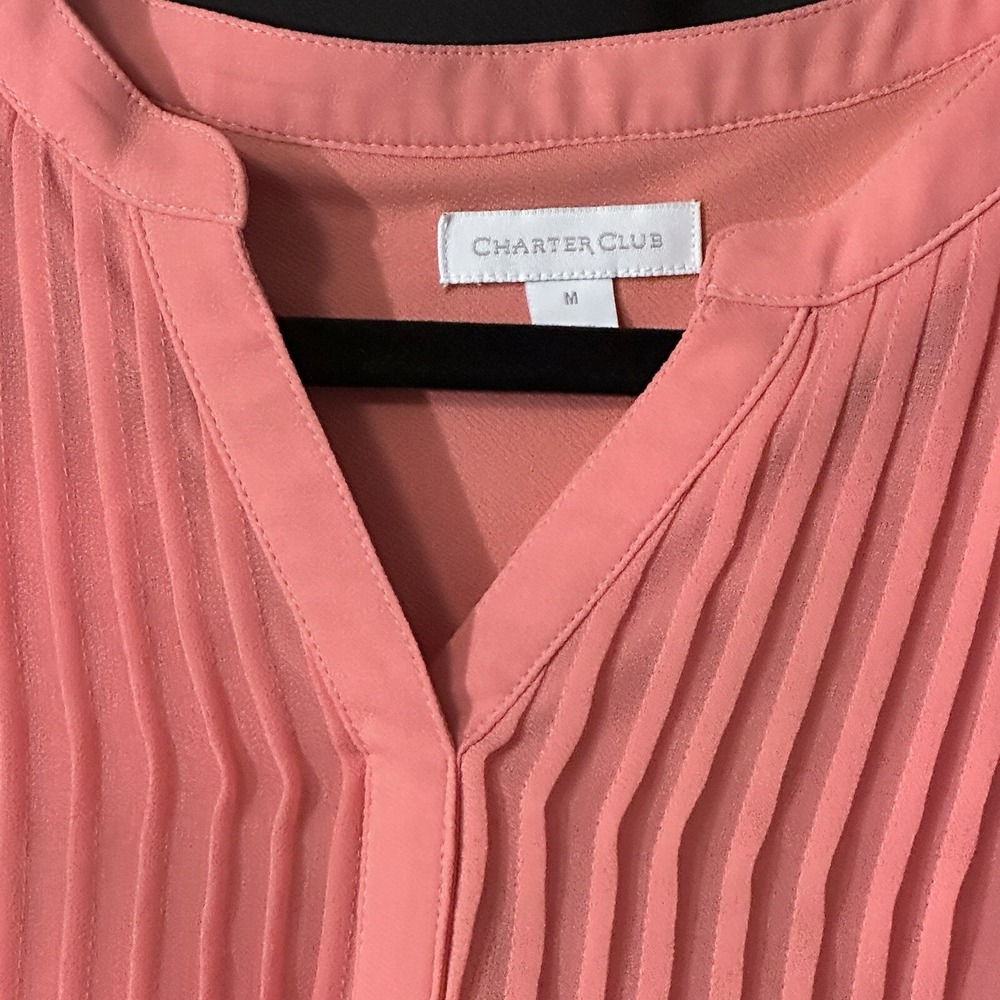 Charter Club Women's Medium Sheer 3/4 Sleeve Pleated Coral Ruffle Blouse - Picture 2 of 3